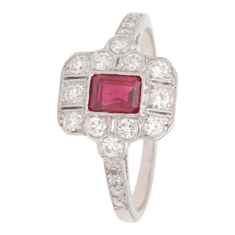 Pre-Owned Ruby and Diamond Rectangular Cluster Ring