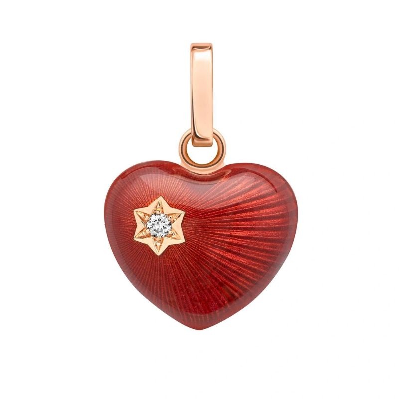 Faberg 18ct Rose Gold Red Guilloch Enamel and Diamond Heart Charm