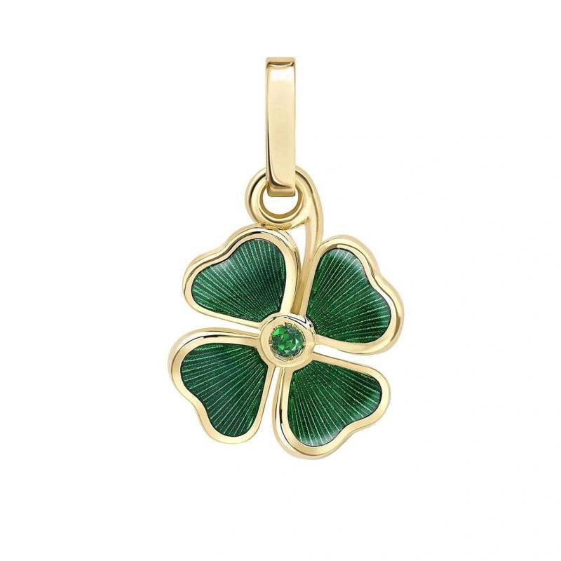 Faberg 18ct Yellow Gold Green Guilloch Enamel and Emerald Clover Charm