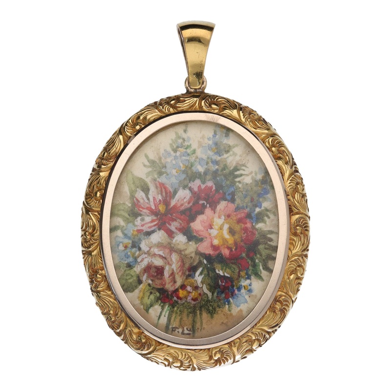 Pre-Owned 15ct Gold Oval Locket with Floral Painting