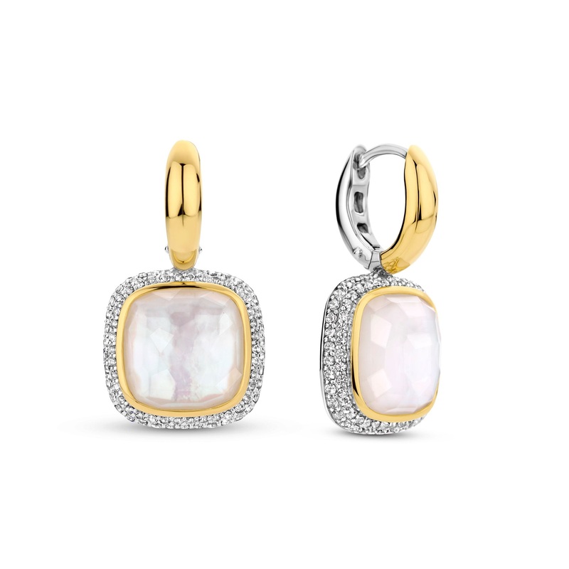 Ti Sento Yellow Gold Plated Mother of Pearl White and Cubic Zirconia Drop Hoop Earrings 7968MW