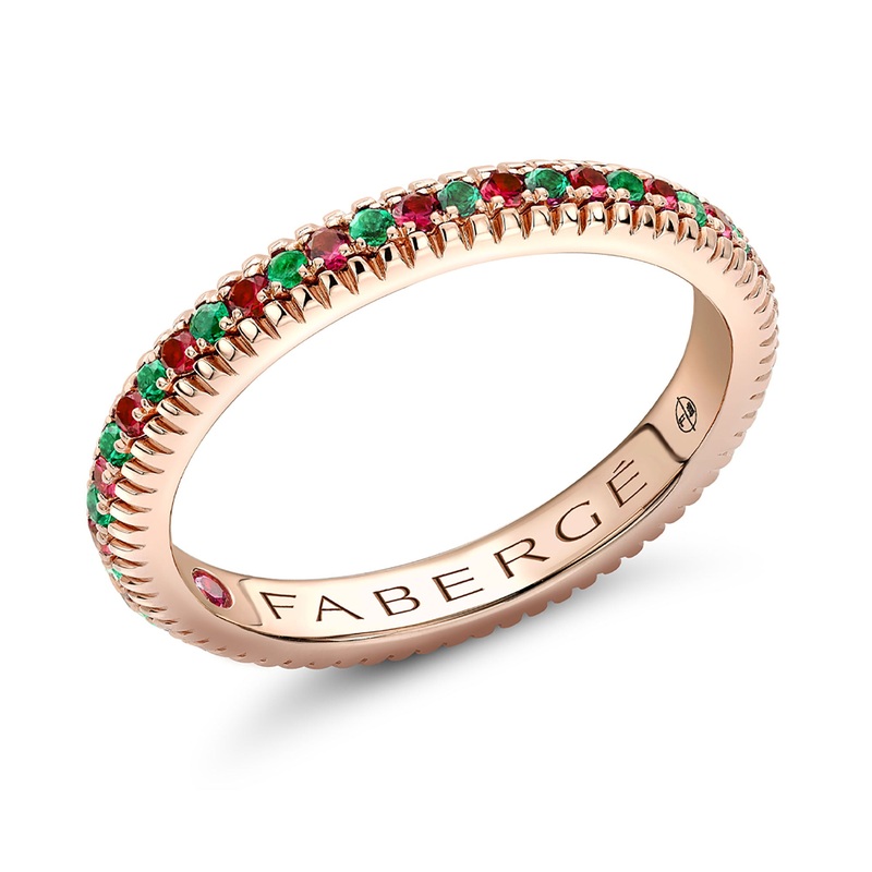 Faberg Colours of Love Rose Gold Ruby and Emerald Set Fluted Ring
