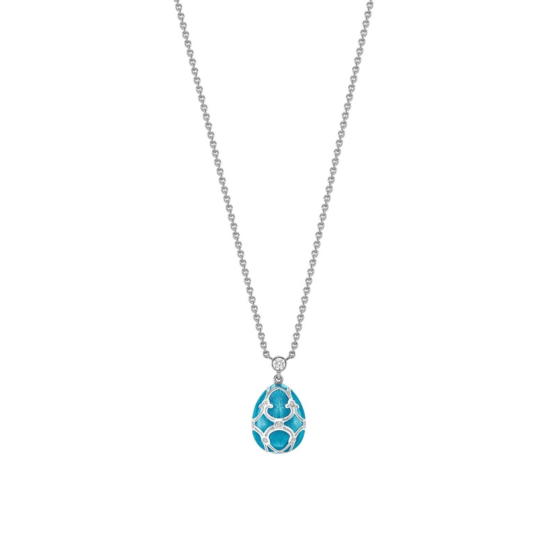 Faberg Heritage White Gold Teal Guilloch Enamel Petite Egg Pendant