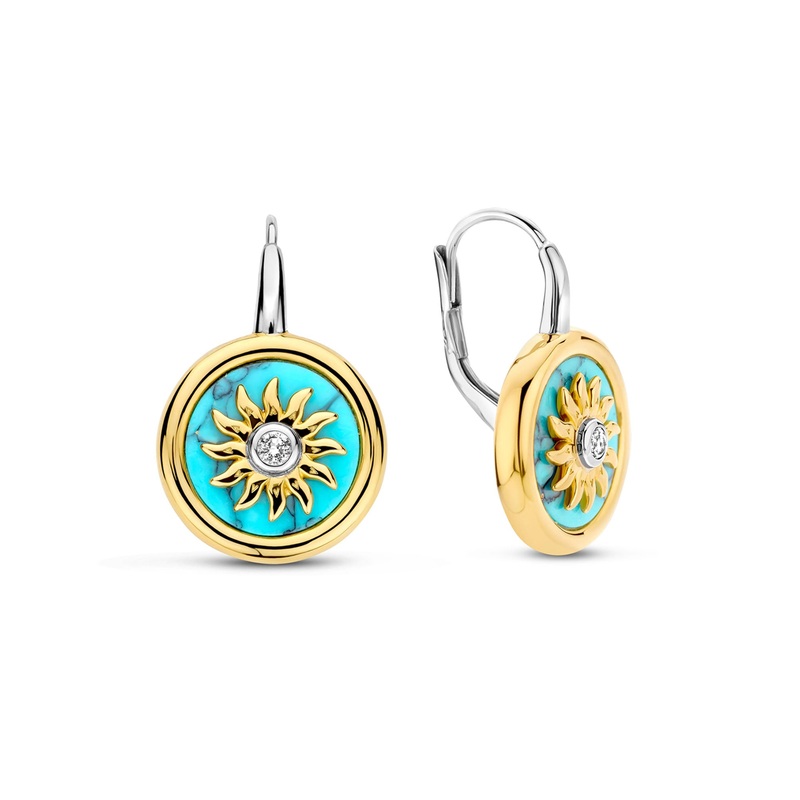 Ti Sento Yellow Gold Plated Turquoise Blue and Cubic Zirconia Sun Disc Drop Earrings 7971TQ