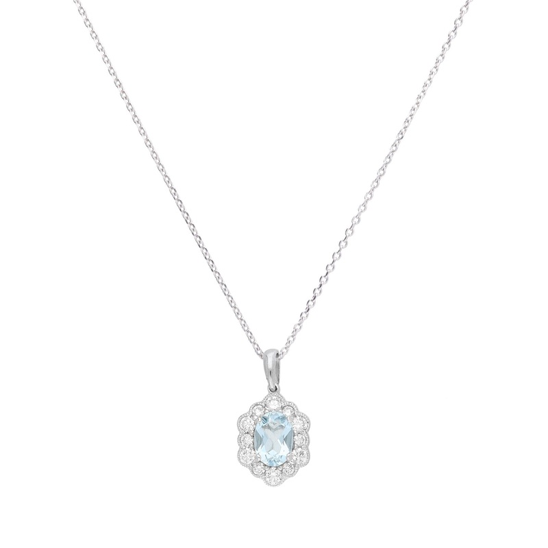 Aquamarine and Diamond 18ct White Gold Cluster Pendant