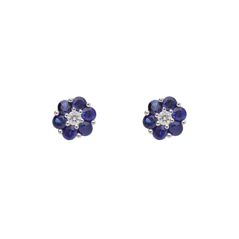 Sapphire and Diamond 18ct White Gold Flower Cluster Stud Earrings