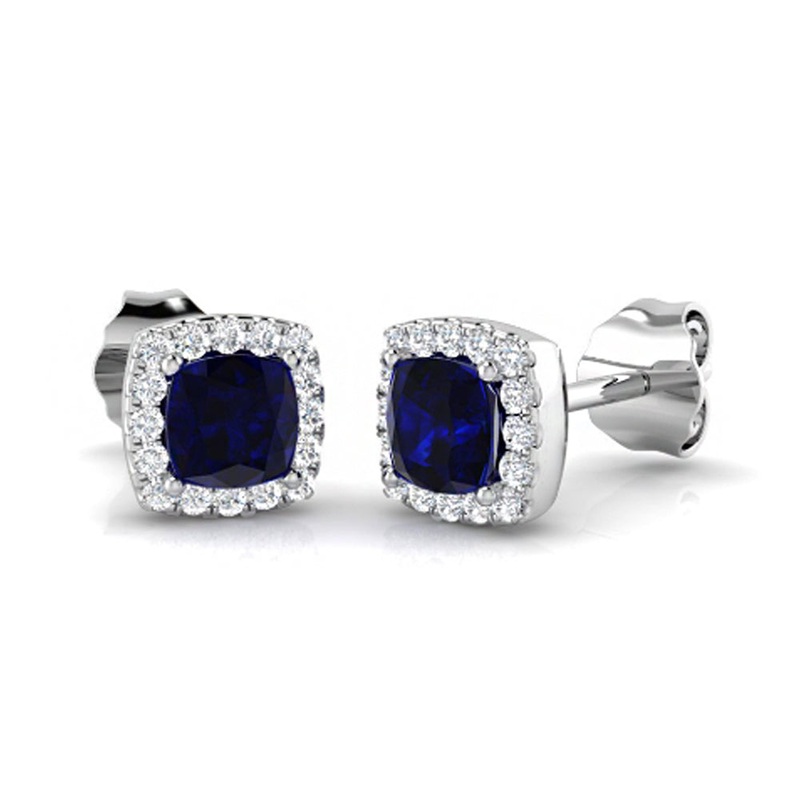 Sapphire and Diamond Cushion Cluster Stud Earrings