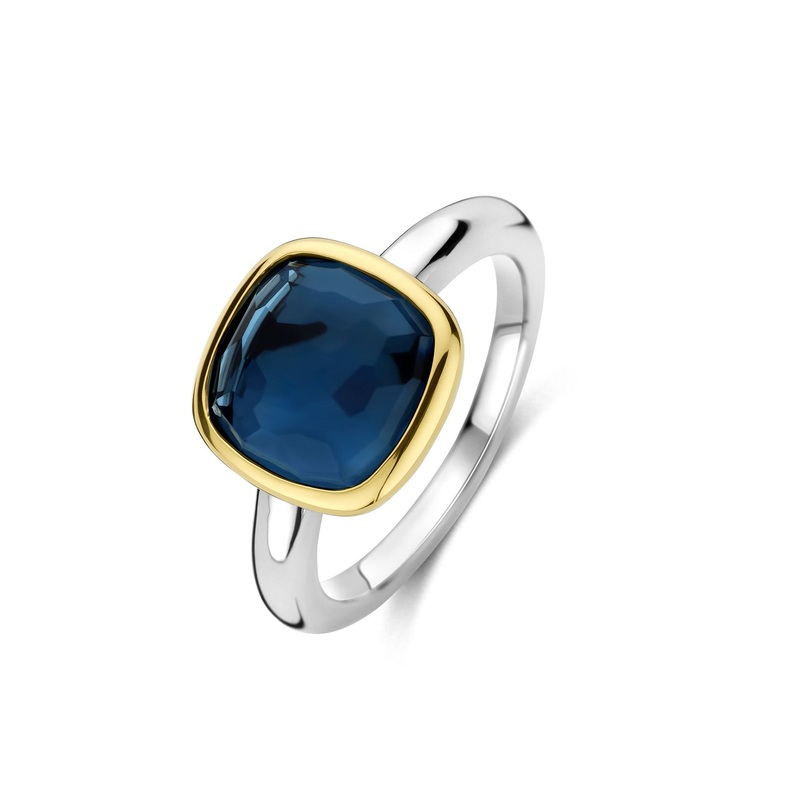 Ti Sento Yellow Gold Plated Dark Blue Crystal Cushion Solitaire Ring 12351DB (54)