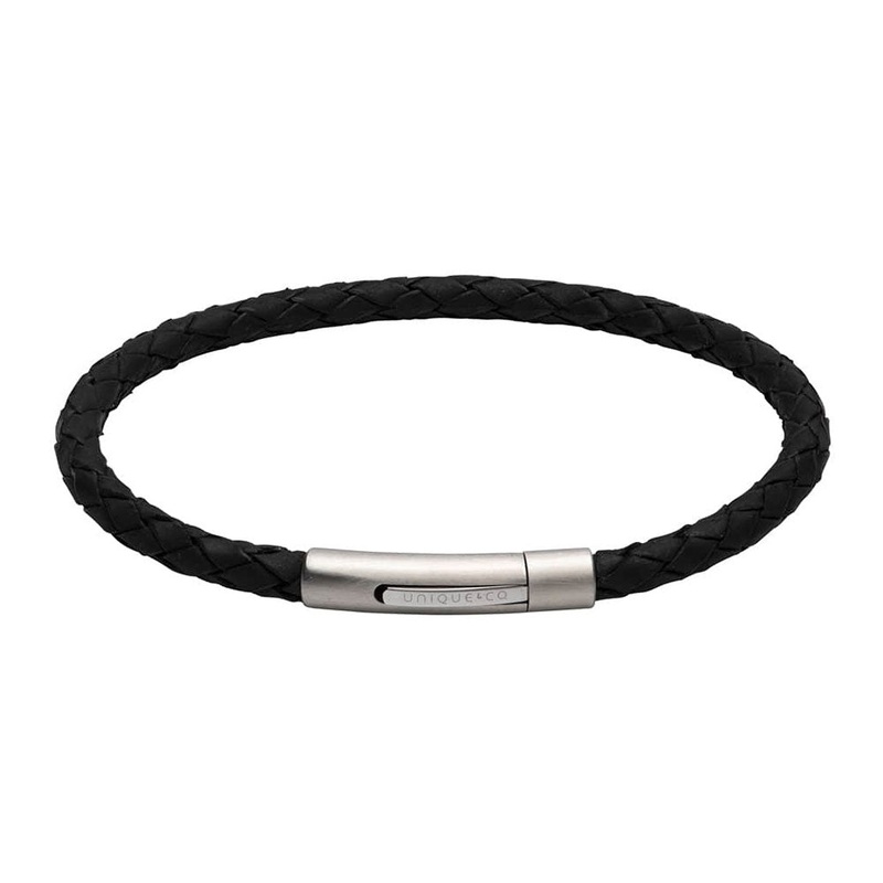 Unique Matte Black Leather Bracelet With Stainless Steel Clasp 21cm
