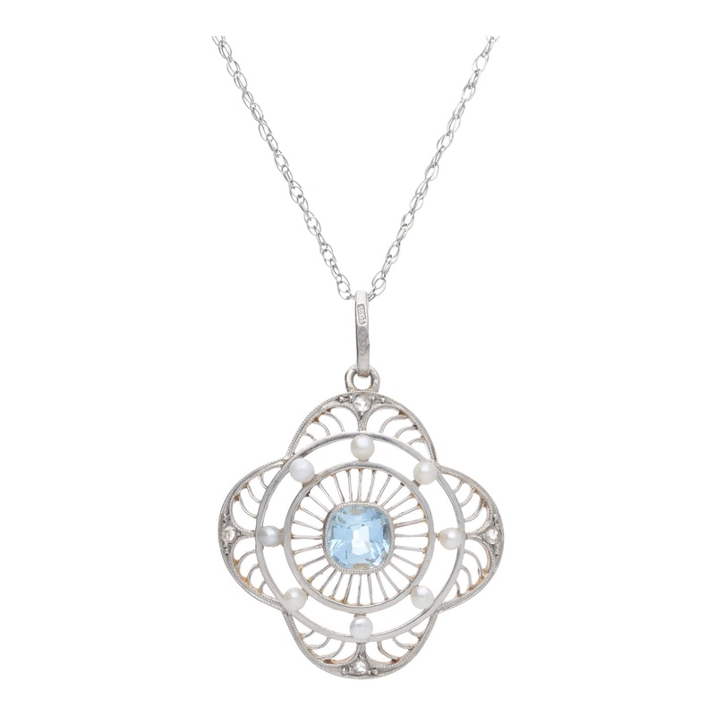 Pre-Owned Aquamarine, Pearl and Diamond Necklace
