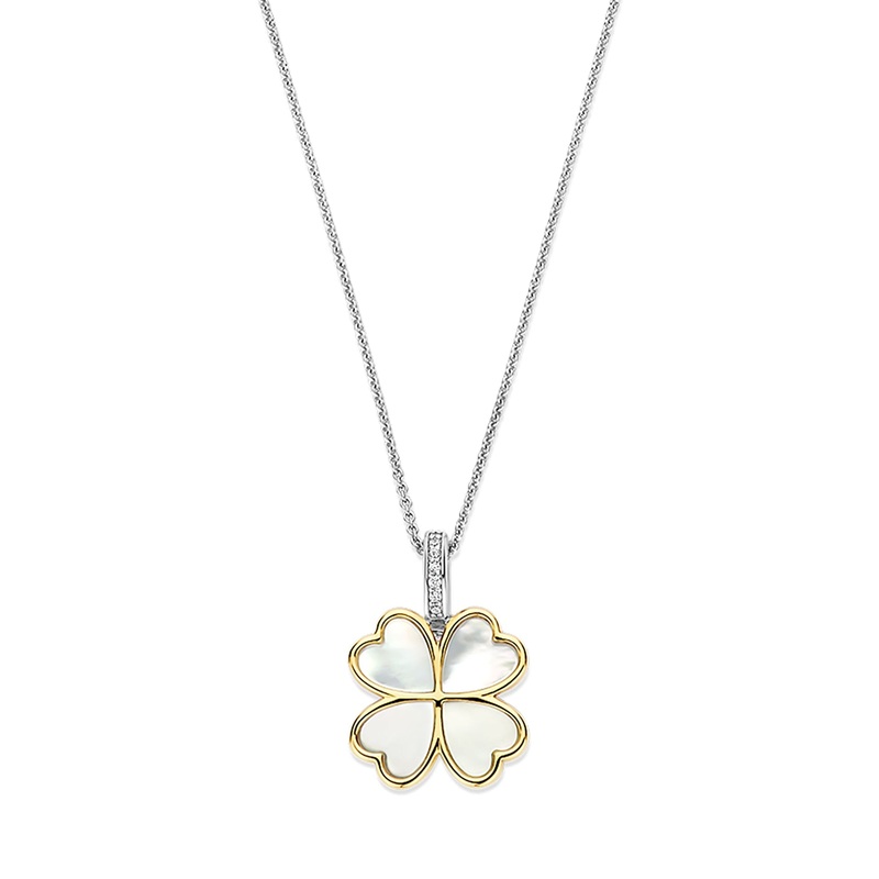Ti Sento Yellow Gold Plated Mother of Pearl White and Cubic Zirconia Clover Pendant 6821MW