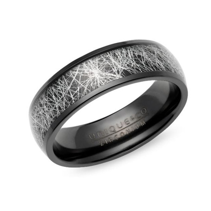 Unique Black Zirconium Meteorite Paper Inlay 7mm Ring (62)