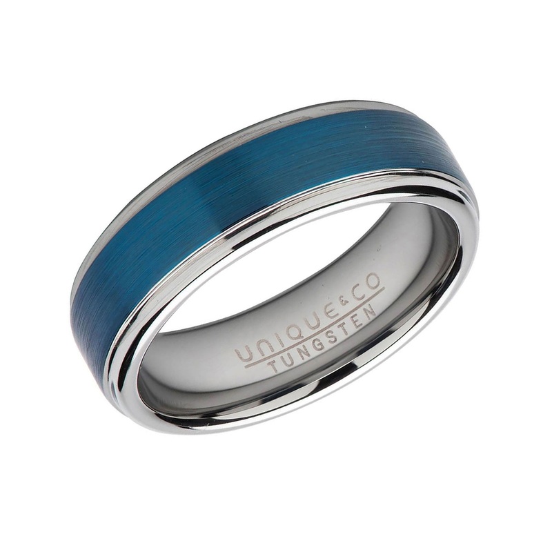 Unique Blue 7mm Tungsten Carbide Satin Finish Ring (60)