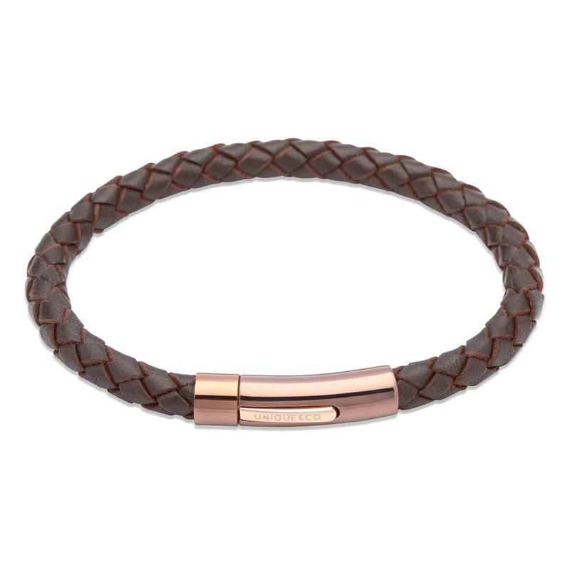 Unique Dark Brown Leather with Rose IP Stainless Steel Bracelet 21cm