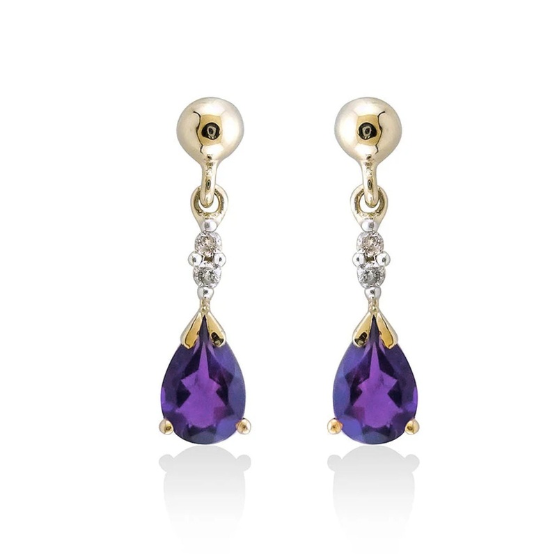 Amethyst and Diamond 9ct Yellow Gold Drop Earrings