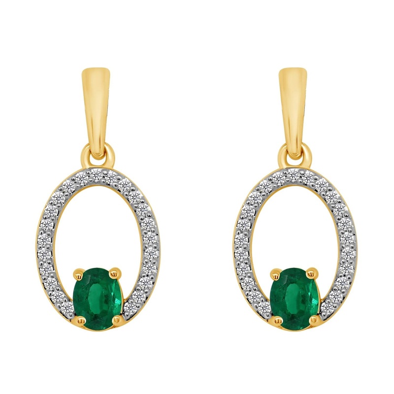 Oval Emerald and Diamond 9ct Yellow Gold Drop Earrings