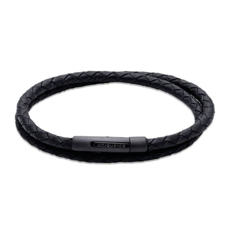 Unique Black Leather  Black IP-Plating Wrap Bracelet 21cm