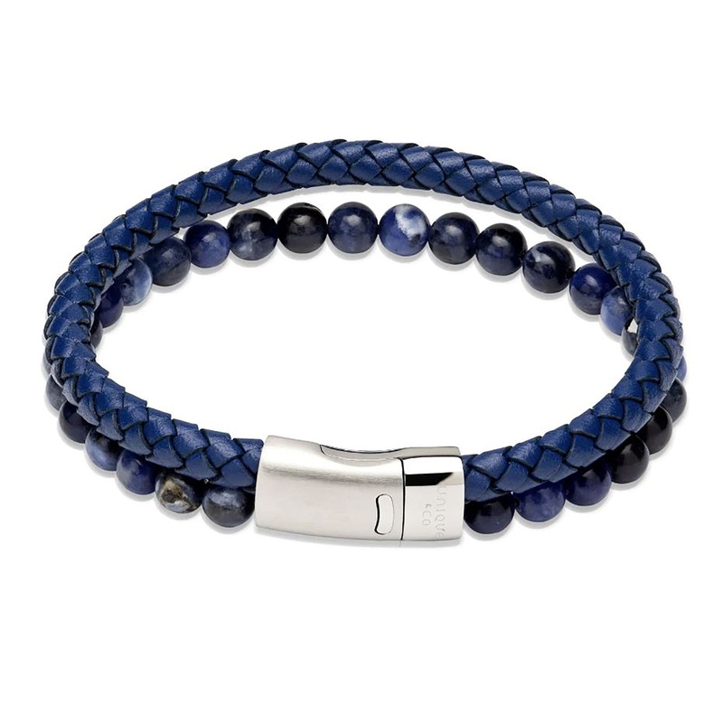 Unique Blue Leather and Onyx Bead Bracelet 21cm