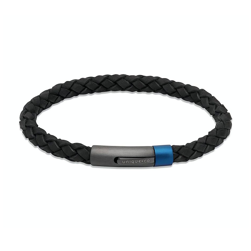 Unique & Co Black Leather Bracelet with Blue IP Plated Clasp 21cm