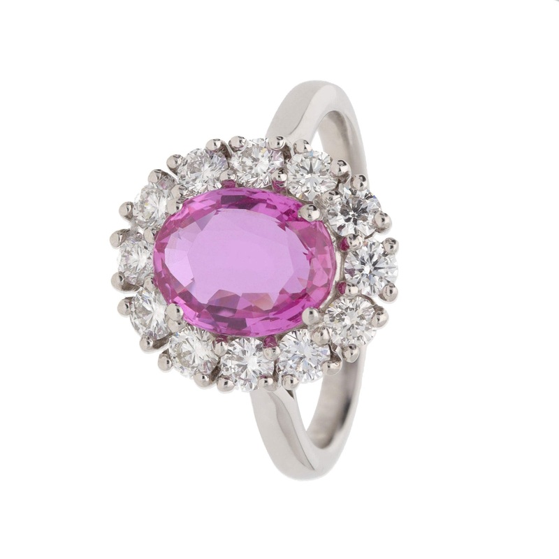 Pink Sapphire and Diamond Platinum Oval Cluster Ring