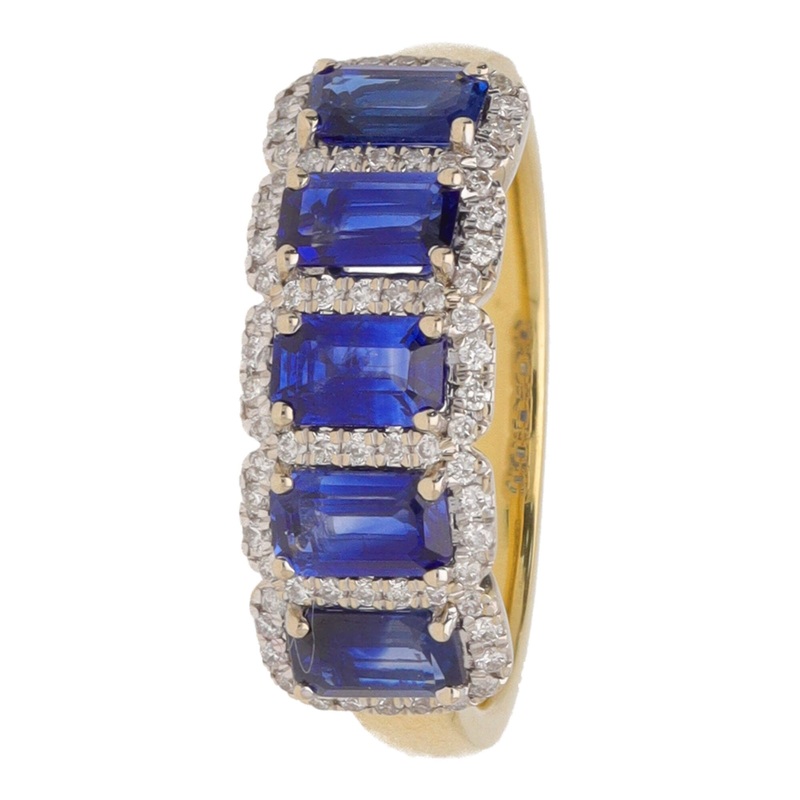 Sapphire and Diamond Emerald Cut 18ct Yellow Gold Five Stone Ring