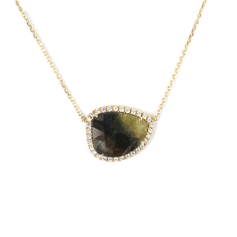 Bi Colour Sapphire and Diamond Fixed Slice Cluster 18ct Yellow Gold Necklace