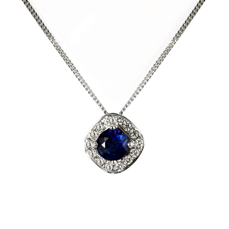 Blue Sapphire and Diamond Rhombus Shape Cluster Pendant