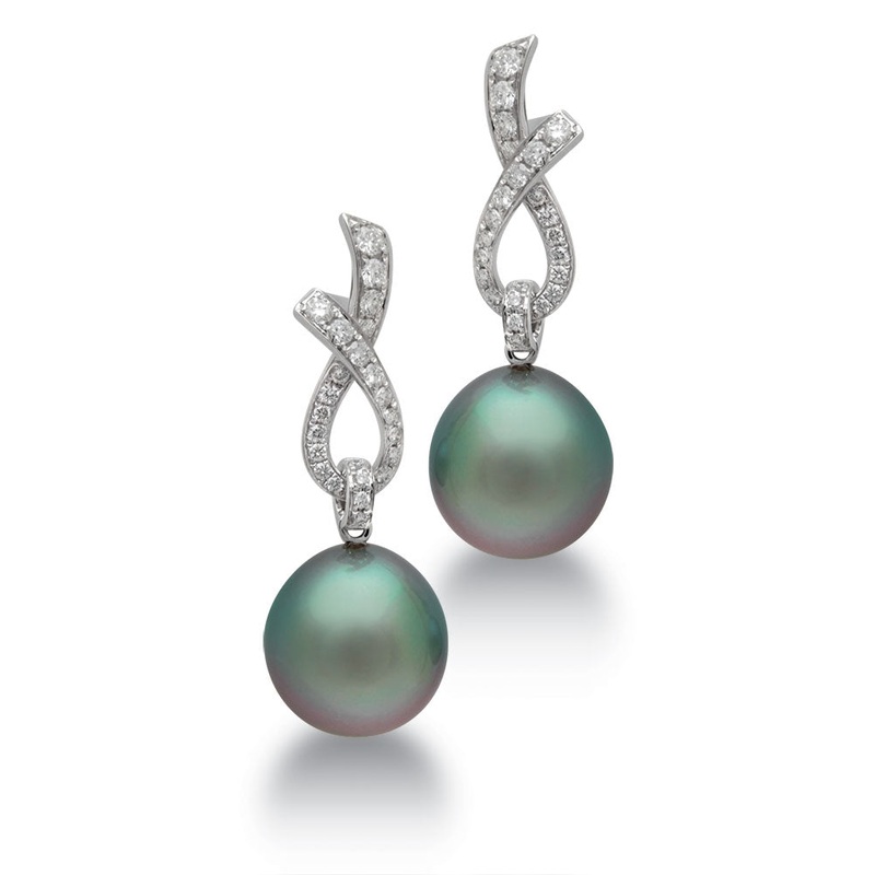 Tahitian Cultured Pearl and Diamond 18ct White Gold Drop Earrings