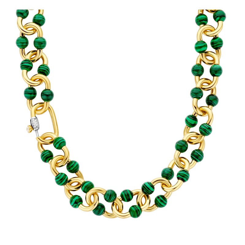 Ti Sento Yellow Gold Plated Malachite Green Bubble Oval Link Necklace 34021MA