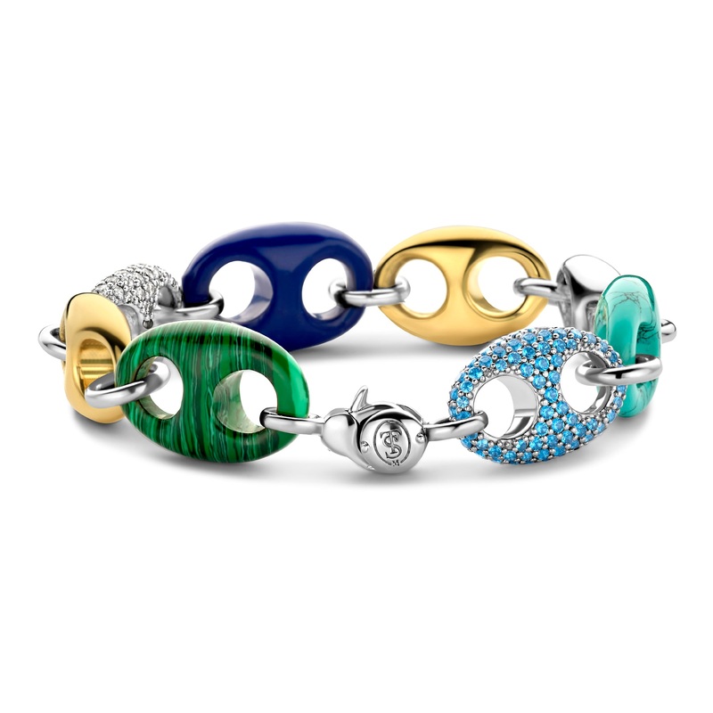 Ti Sento Malachite Green Lapis Blue Turquoise and Blue Cubic Zirconia Coffee Bean Link Bracelet 2988TQ