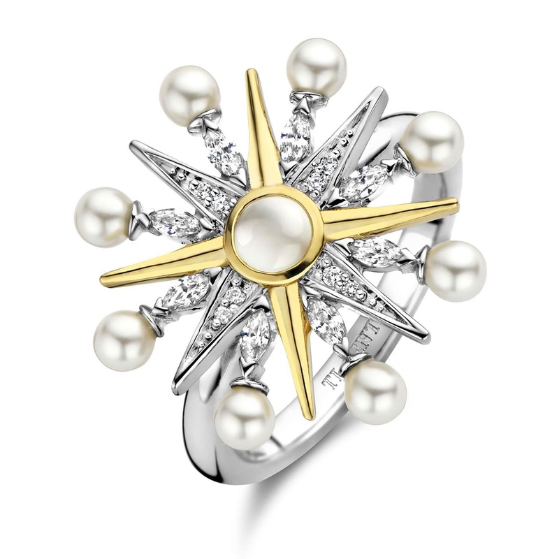 Ti Sento Yellow Gold Plated Cubic Zirconia Pearl White Star Ring 12301Y (56)