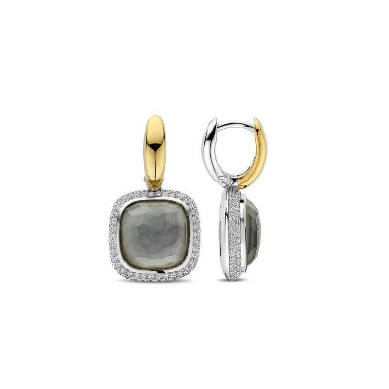 Ti Sento Yellow Gold Plated Grey Crystal and Cubic Zirconia Drop Hoop Earrings 7968BL
