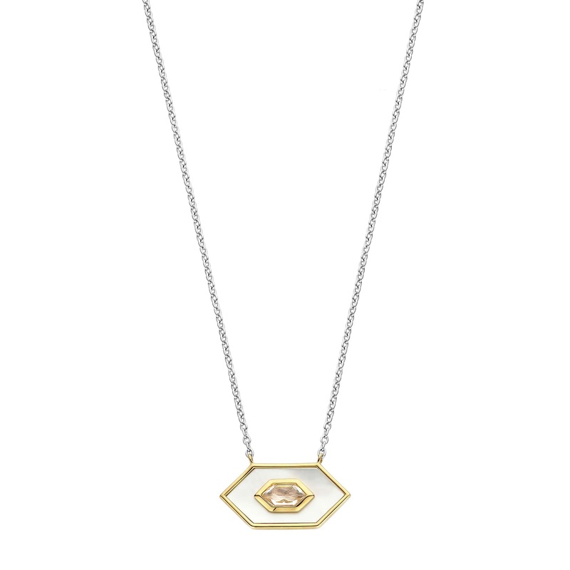 Ti Sento Yellow Gold Plated Mother of Pearl White and Nude Pink Hexagonal Necklace 34039MW