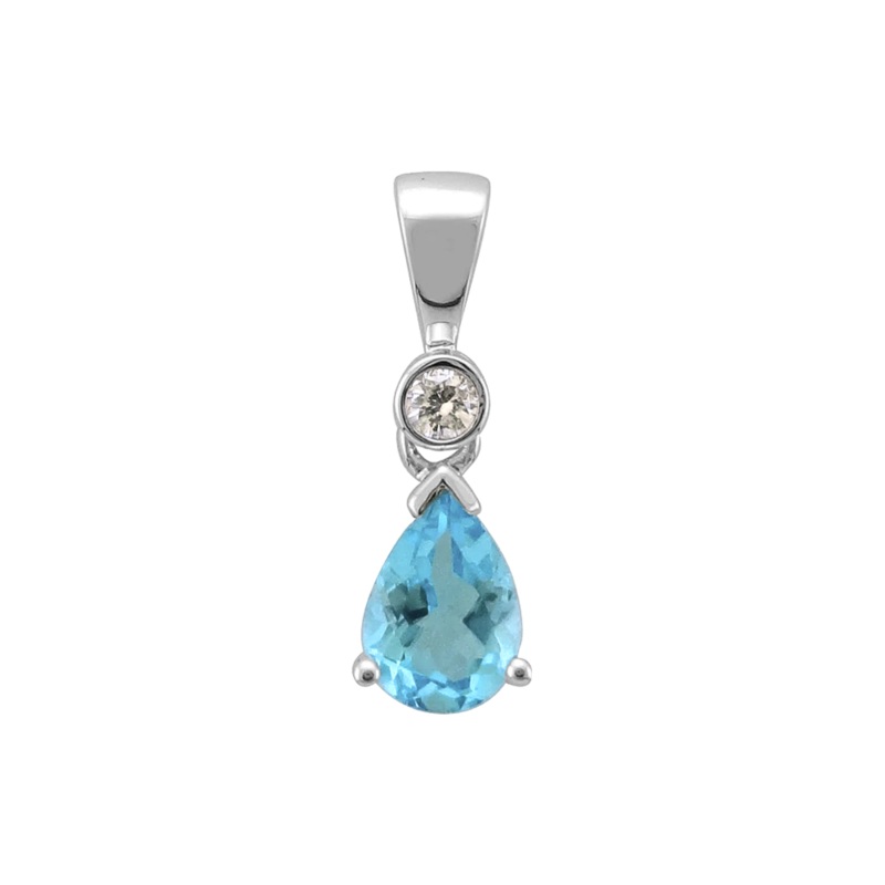 Blue Topaz and Diamond Pear Cut 9ct White Gold Pendant