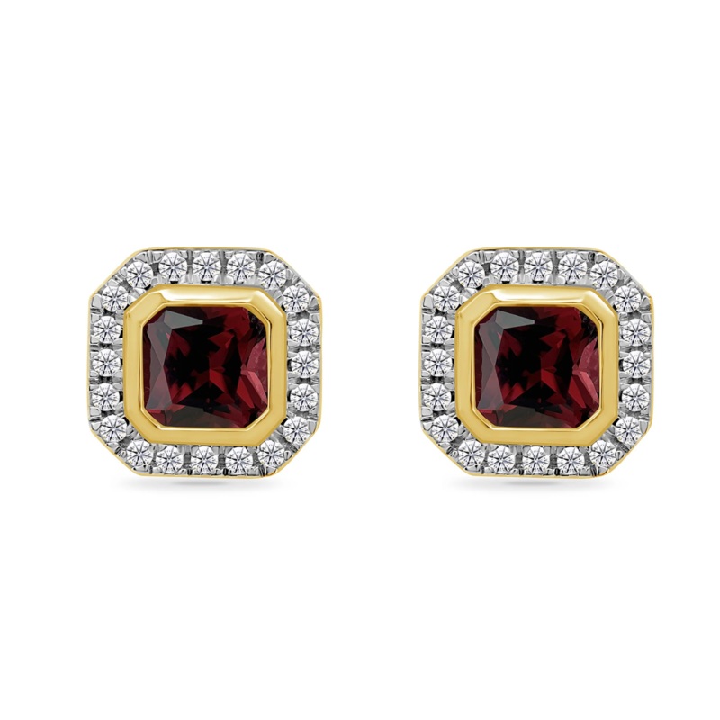 Square Garnet and Diamond 9ct Yellow Gold Stud Earrings