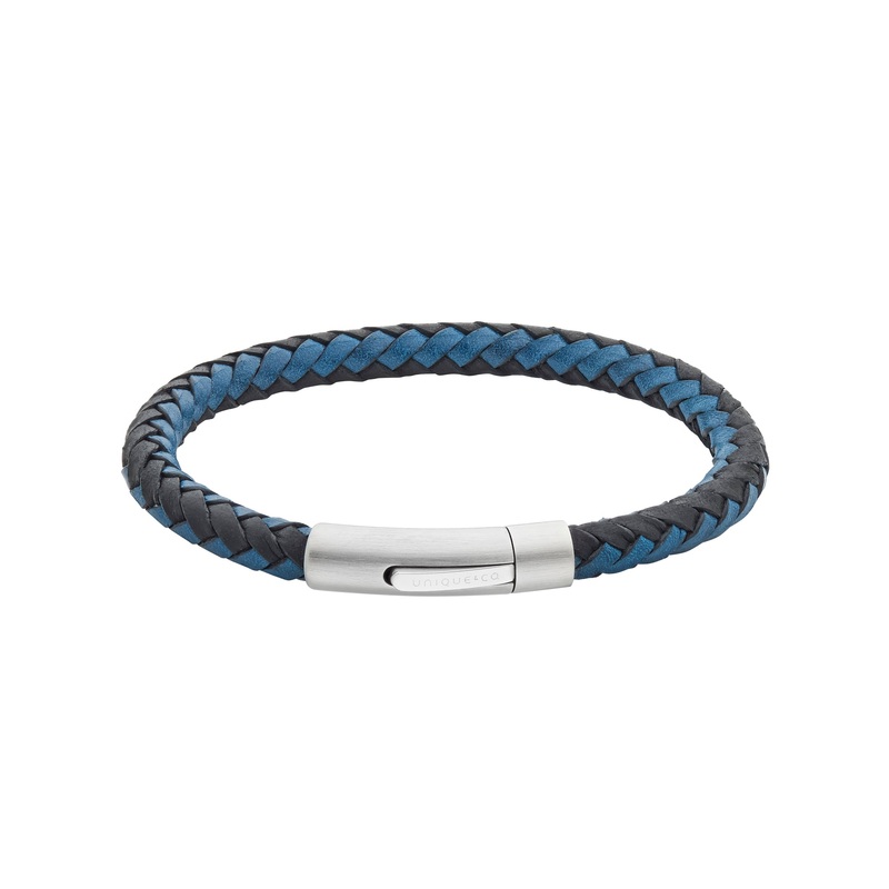 Unique Black and Blue Woven Leather Stainless Steel Bracelet 21cm