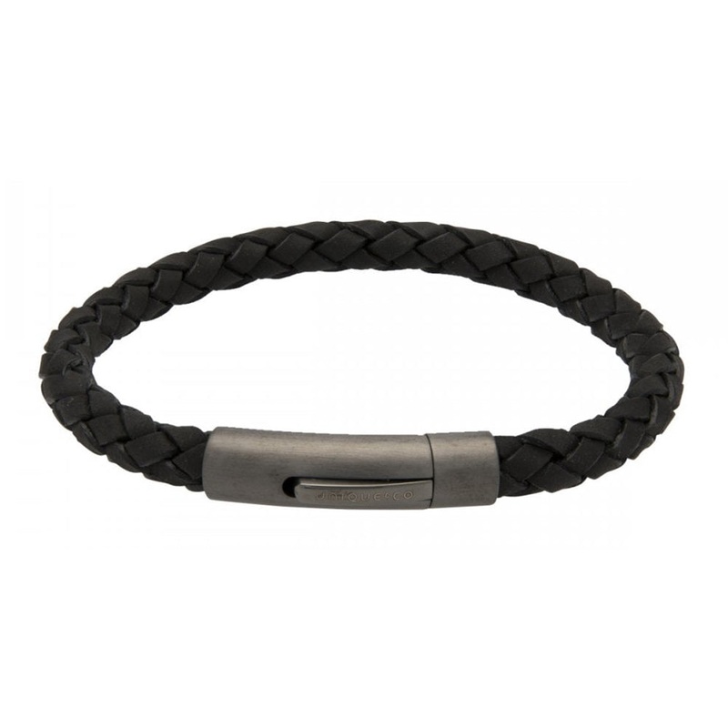 Unique Black Leather Gunmetal Steel Bracelet 19cm