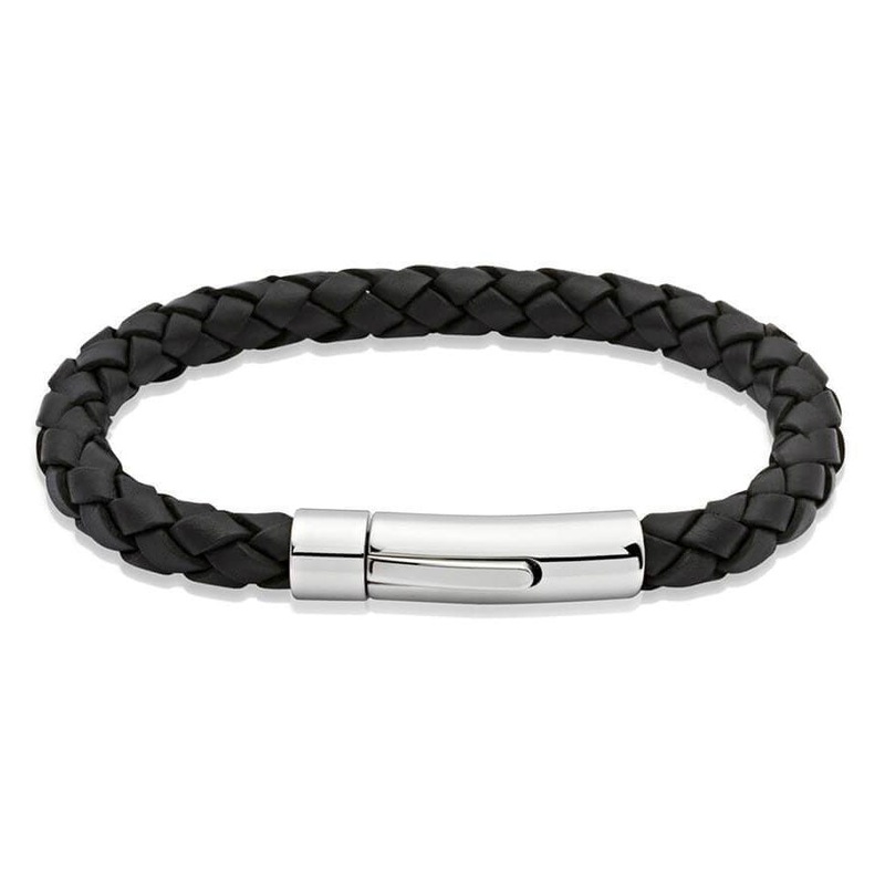 Unique Black Leather with Stainless Steel Bracelet 21cm