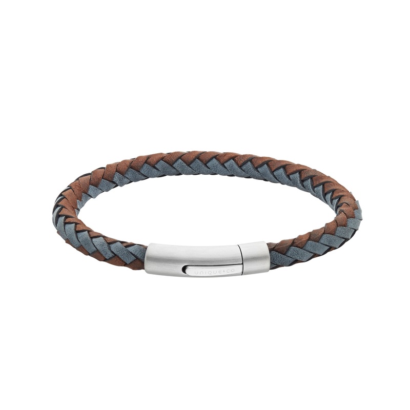 Unique Brown and Blue Woven Leather Stainless Steel Bracelet 21cm