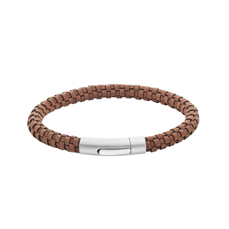 Unique Brown Suede Woven Leather Stainless Steel Bracelet 21cm