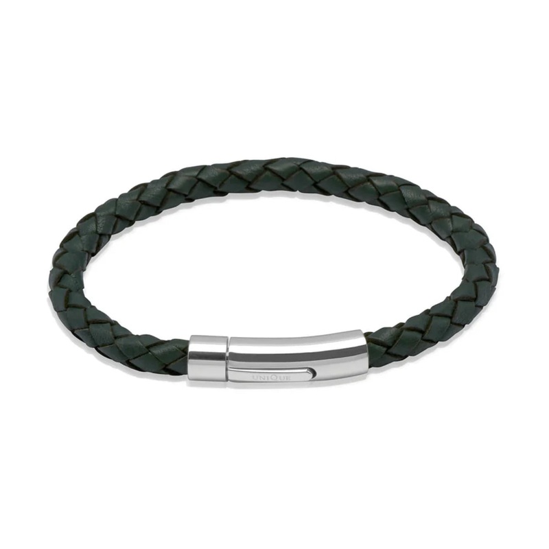 Unique Dark Green Leather Bracelet with Stainless Steel Clasp 21cm