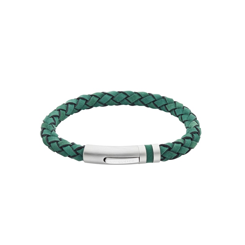 Unique Green Leather Stainless Steel Bracelet 21cm