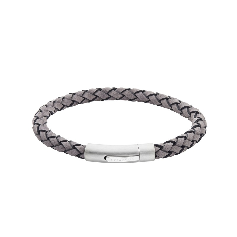 Unique Grey Leather Stainless Steel Bracelet 21cm