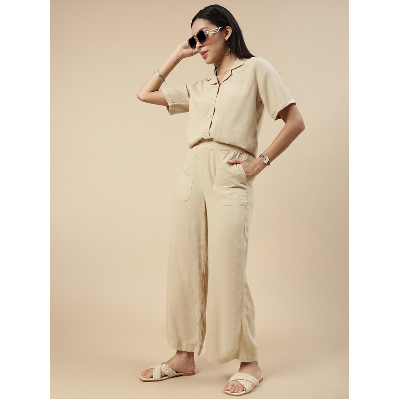 Co-Ord Set(Casual Top & Carpenter Pant)-Light Beige