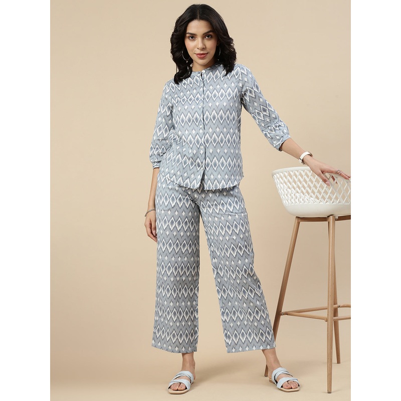 Co-Ord Set(Printed Tunic Top & Printed Flared Palazzo)-Blue