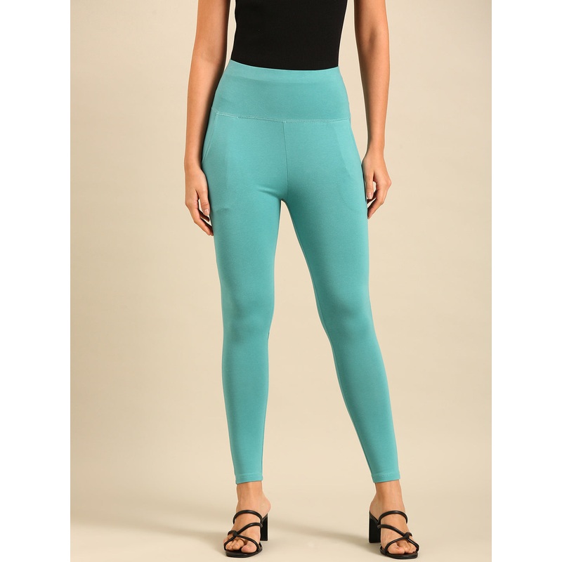 Ankle Length High Waist Leggings-Aqua Green