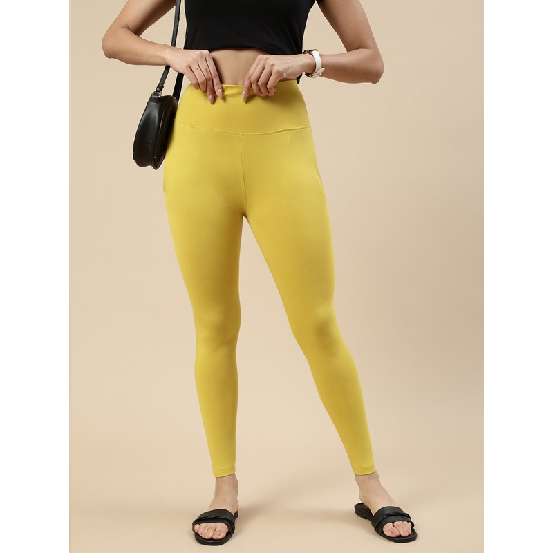 Ankle Length High Waist Leggings-Lime Yellow
