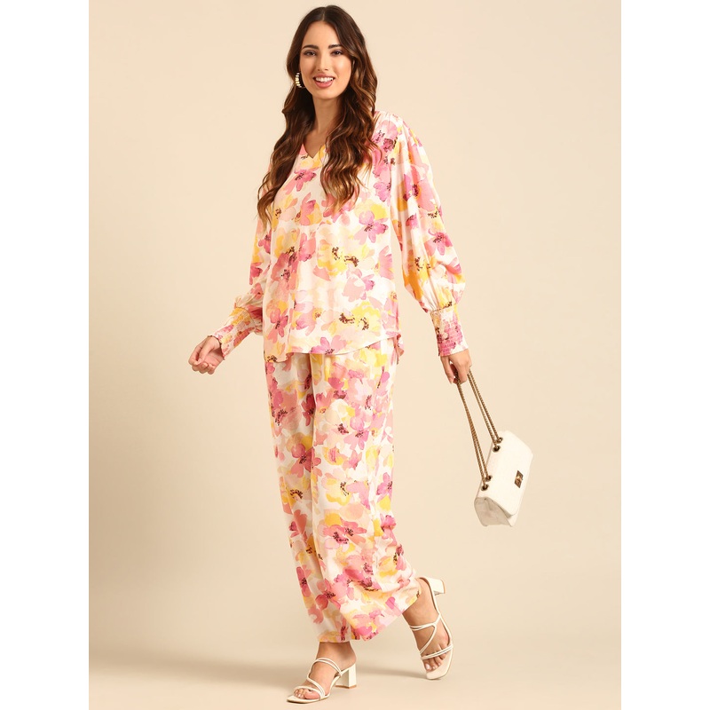 Co-Ord Set Floral Print (Casual Top & Palazzo)-Pink