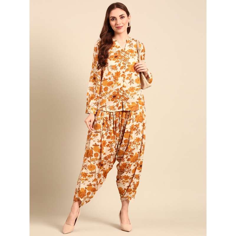 Co-Ord Set Floral Print (Top & Harem Pant)-Yellow