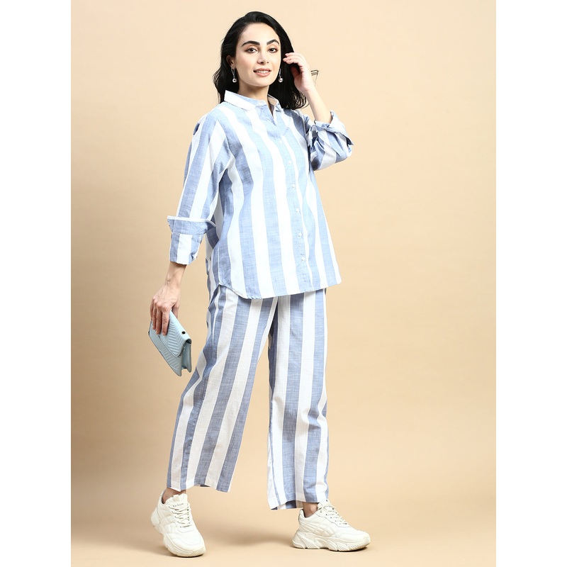 Co-Ord Set Striped (Shirt & Wide Leg Pant)-Blue